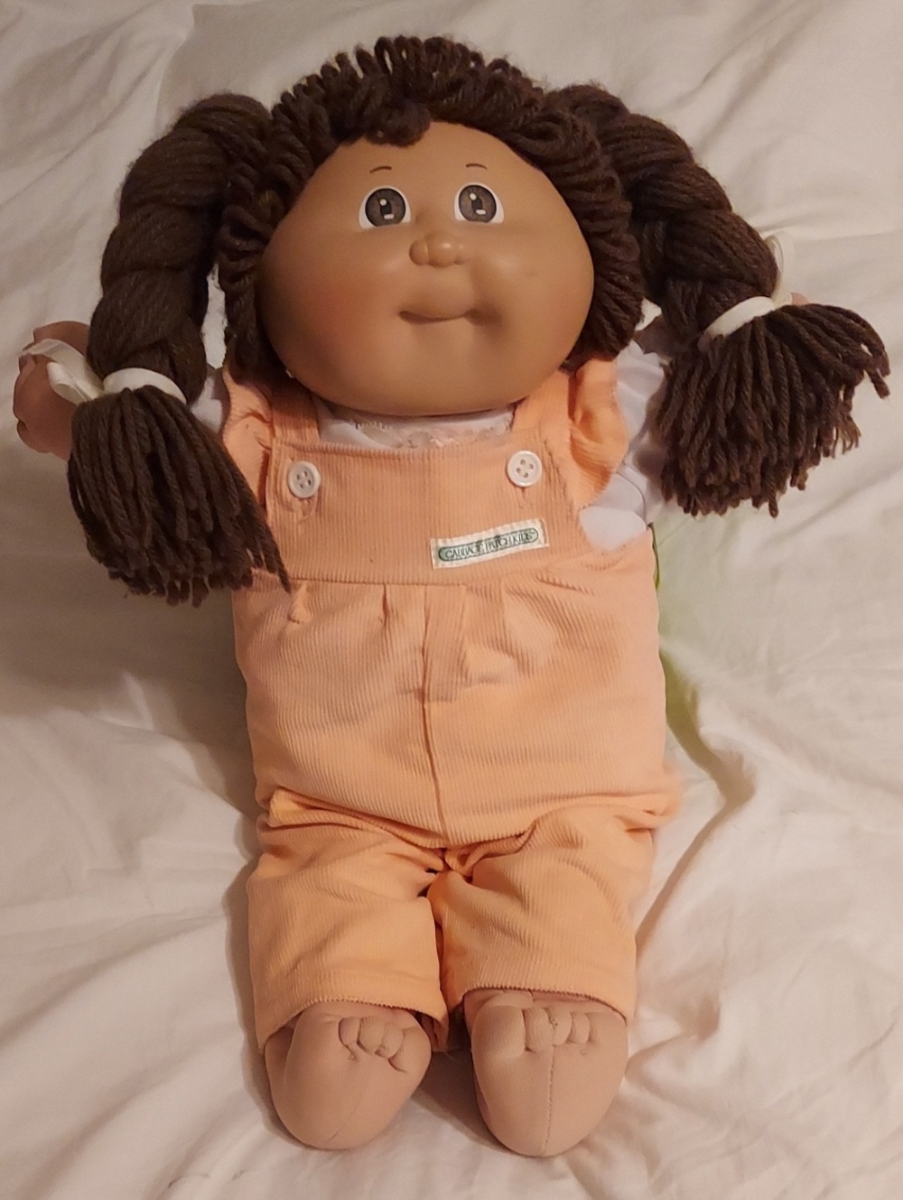Plush Rag Doll with Peach Overalls and Brown Yarn Hair